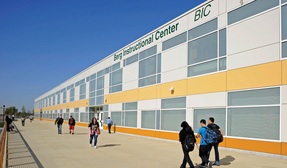 students walking outside campus